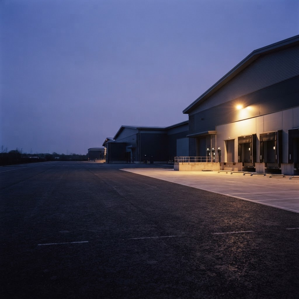 A lit UK distribution warehouse exterior at blue hour.