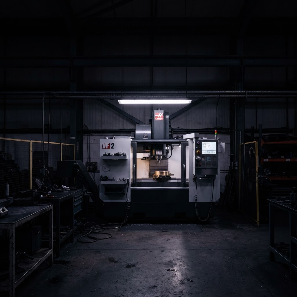 Interior of an engineering workshop lit by a single overhead lamp.
